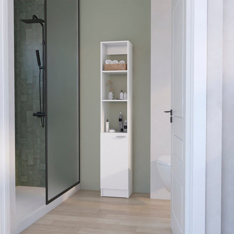 White Bathroom Linen Cabinet with Open and Concealed Shelves
