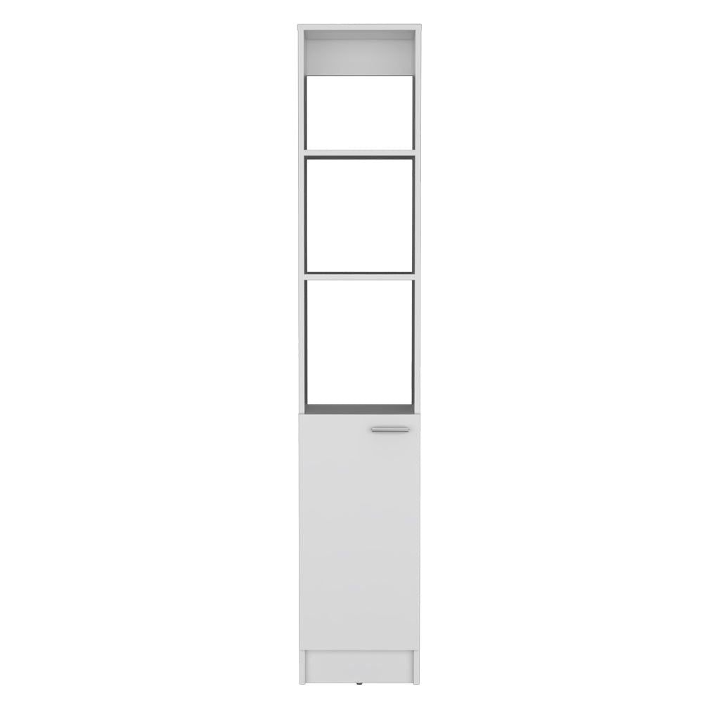 White Bathroom Linen Cabinet with Open and Concealed Shelves