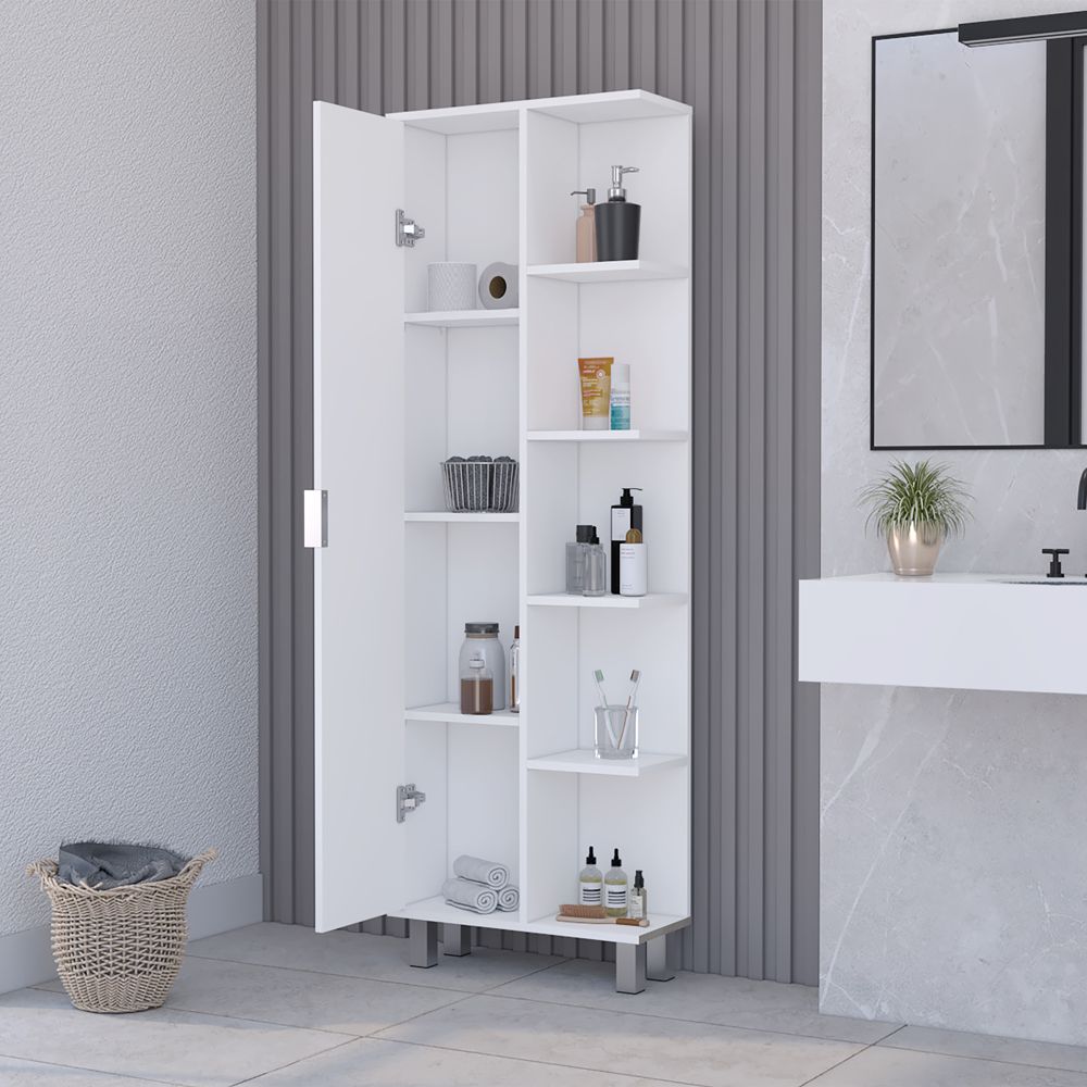 Sandy White Linen Cabinet with Modern Minimalist Design for Bathroom Organization