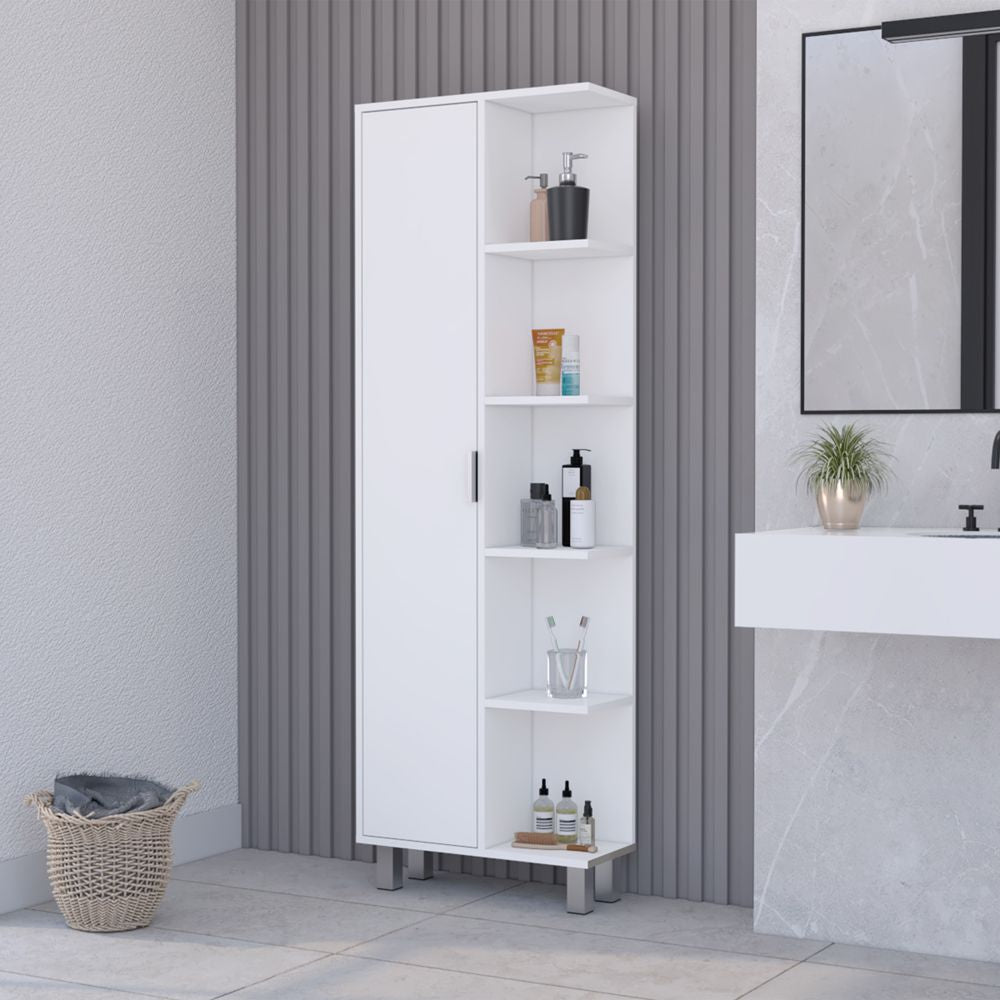 Sandy White Linen Cabinet with Modern Minimalist Design for Bathroom Organization