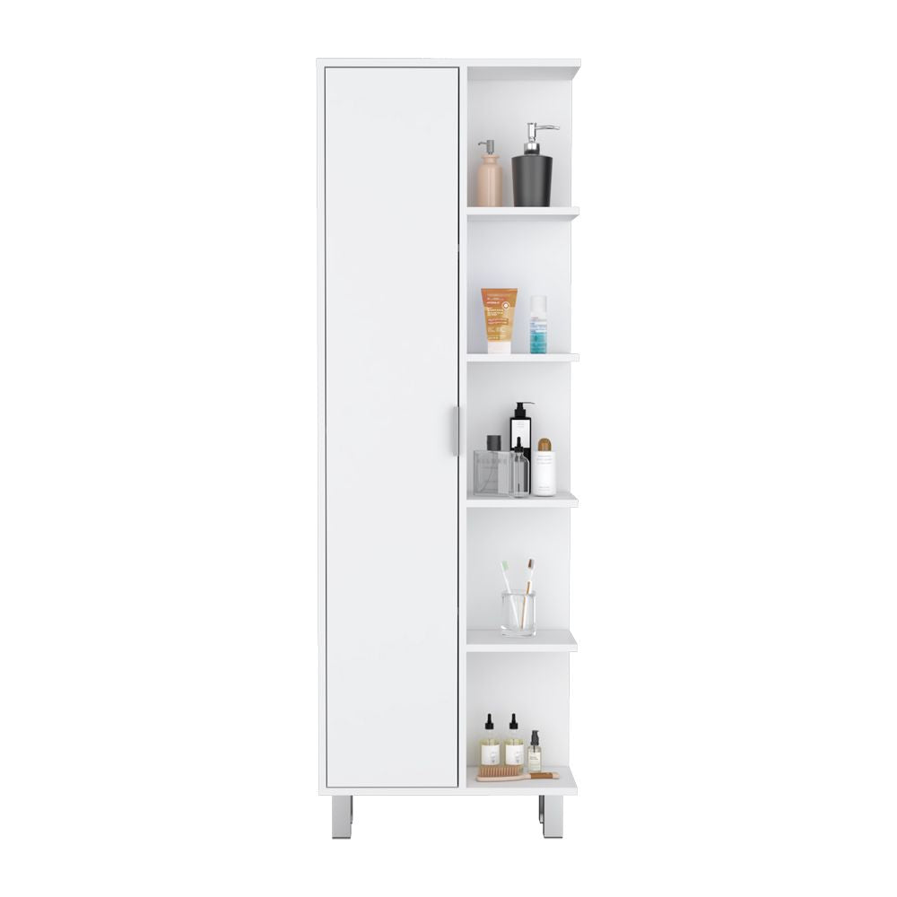 Sandy White Linen Cabinet with Modern Minimalist Design for Bathroom Organization