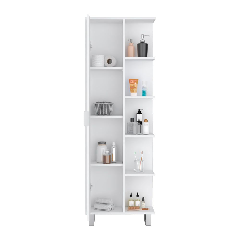 Tall White Linen Cabinet with Seven Shelves and Minimalist Hardware