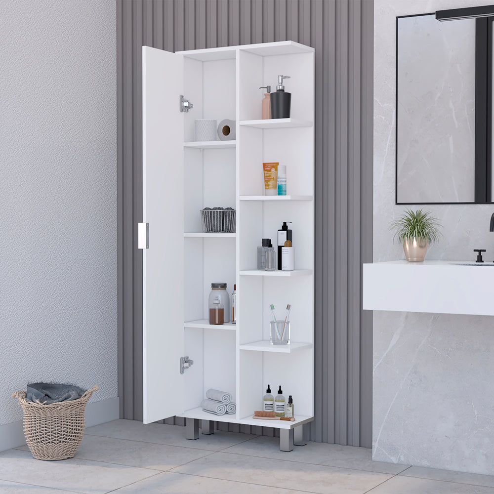 Tall White Linen Cabinet with Seven Shelves and Minimalist Hardware