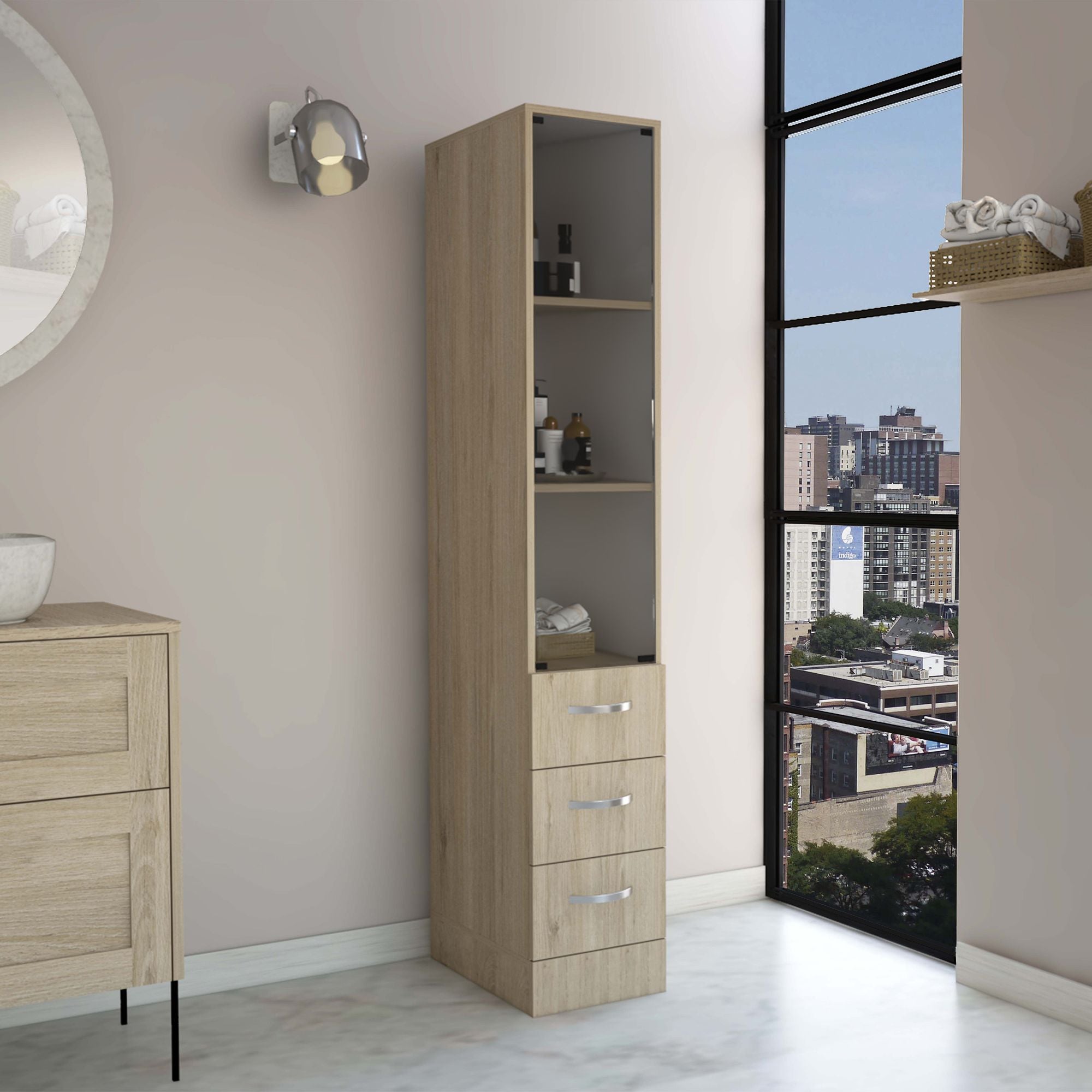 Three-Shelf Four-Drawer Linen Cabinet – Modern Bathroom Storage