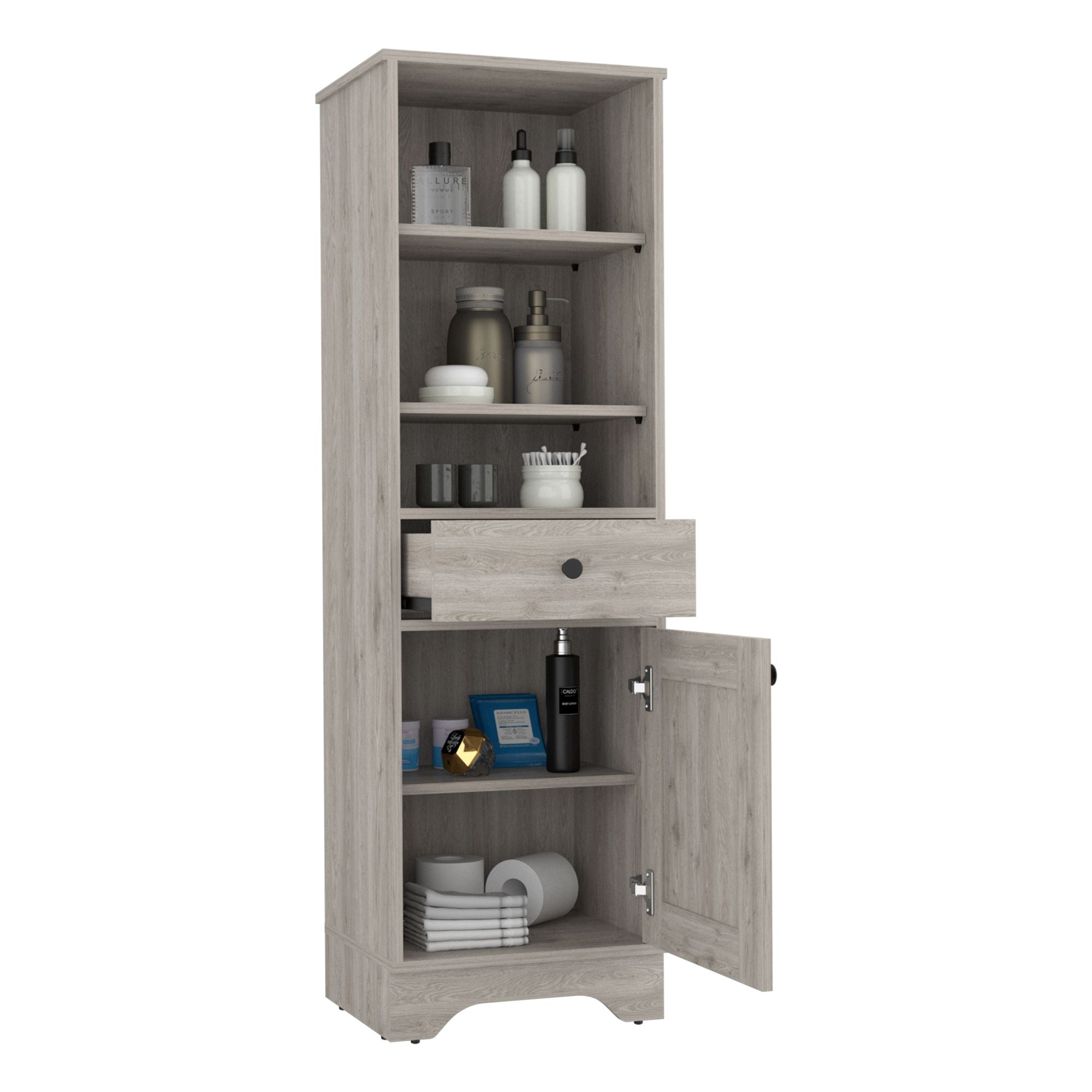 Linen Single Door Cabinet with Shelves and Drawer