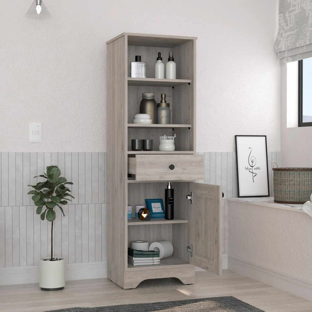 Linen Single Door Cabinet with Shelves and Drawer