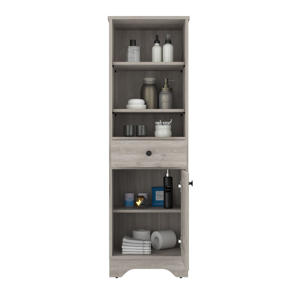 Linen Single Door Cabinet with Shelves and Drawer