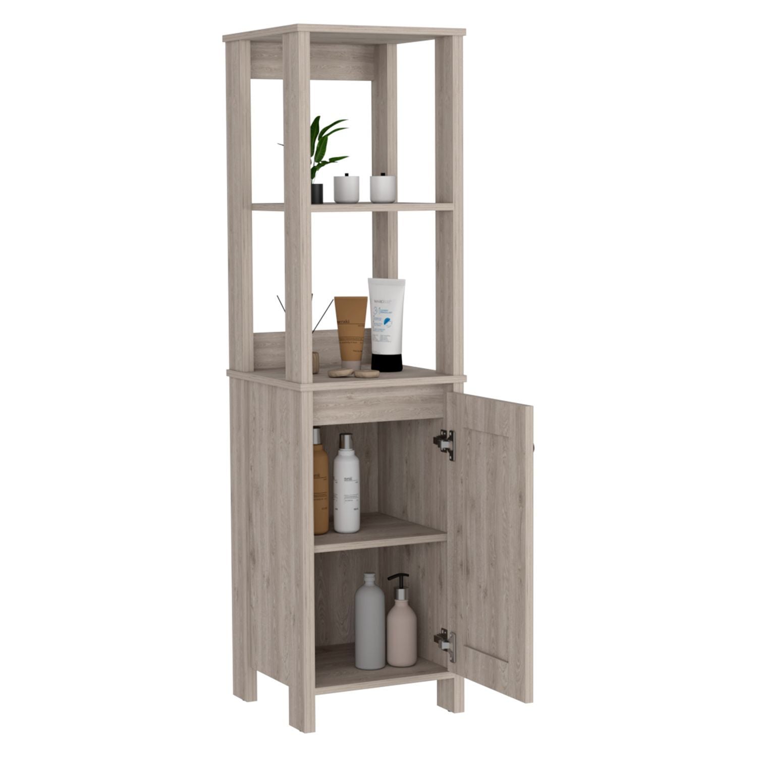 Linen Single Door Cabinet – Two Open Shelves & Two Interior Shelves
