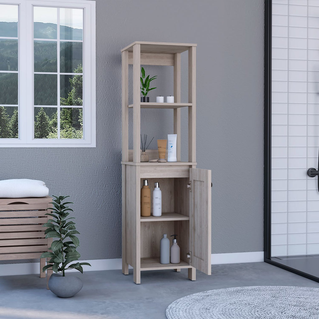 Linen Single Door Cabinet – Two Open Shelves & Two Interior Shelves