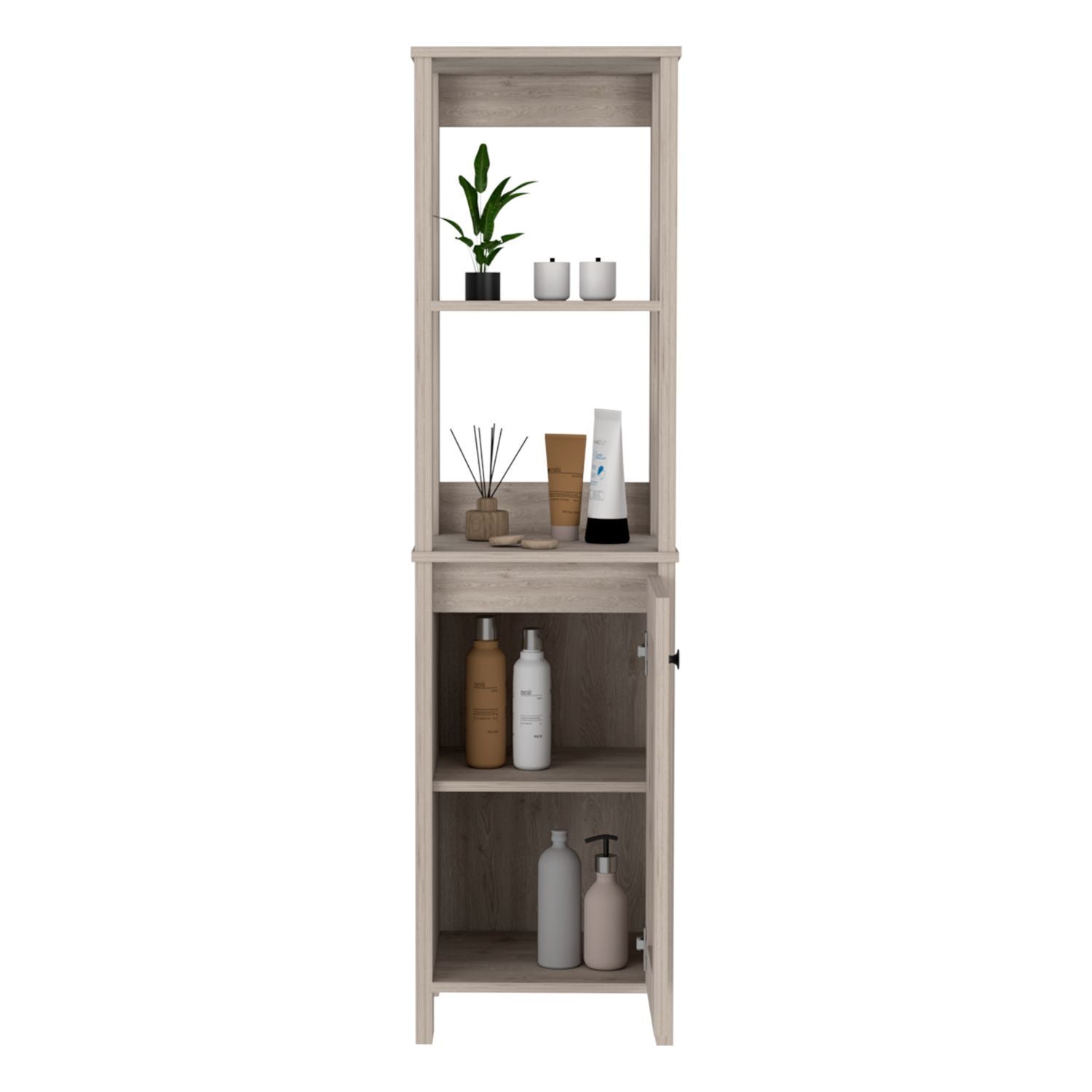 Linen Single Door Cabinet – Two Open Shelves & Two Interior Shelves
