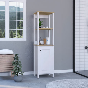 White Linen Single Door Cabinet with Open Shelves and Interior Storage