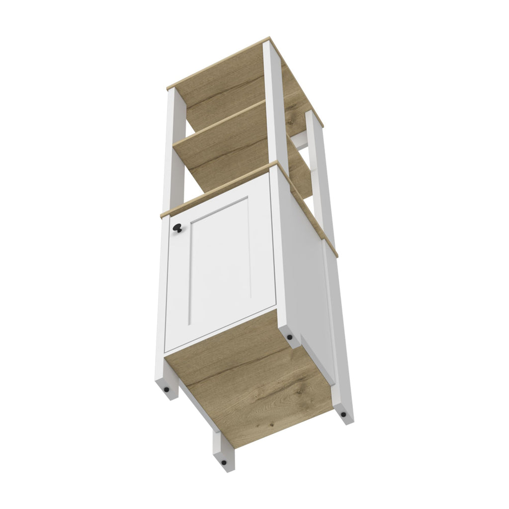 White Linen Single Door Cabinet with Open Shelves and Interior Storage