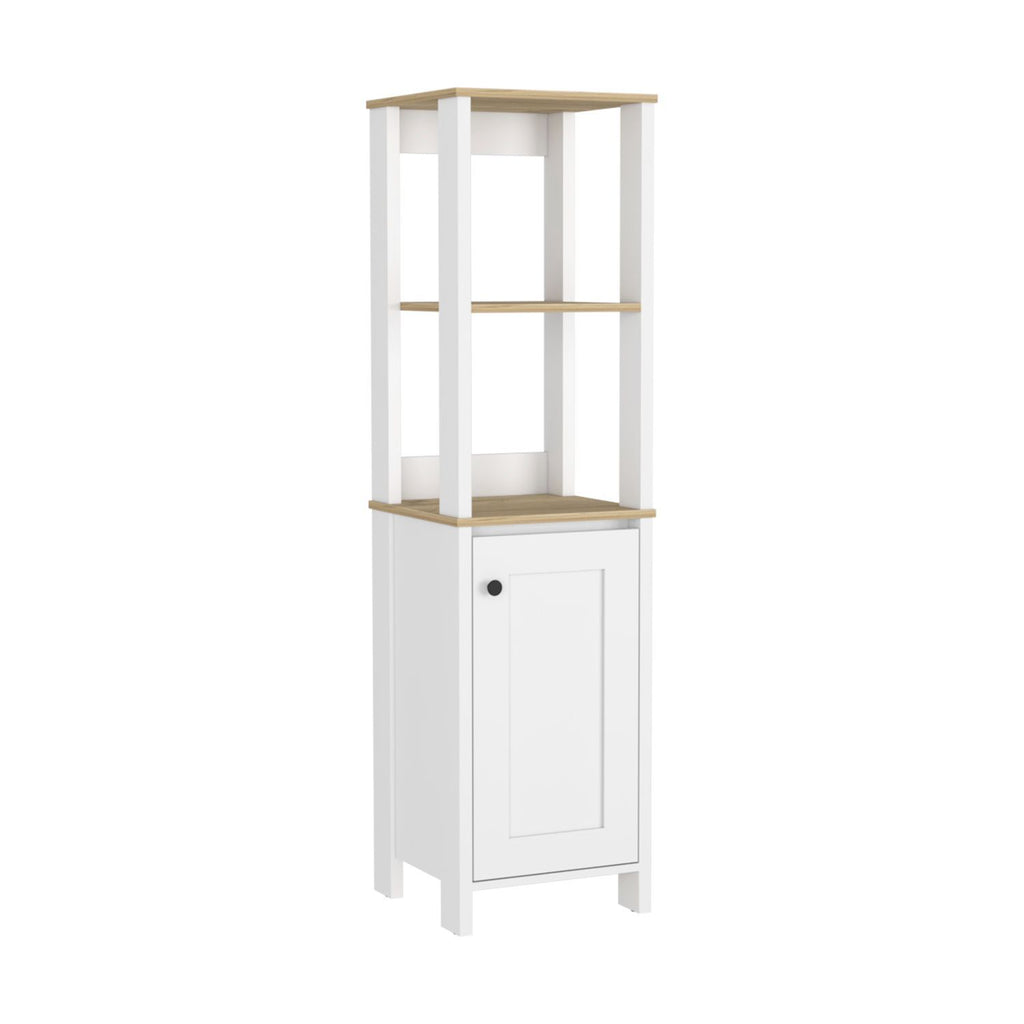 White Linen Single Door Cabinet with Open Shelves and Interior Storage