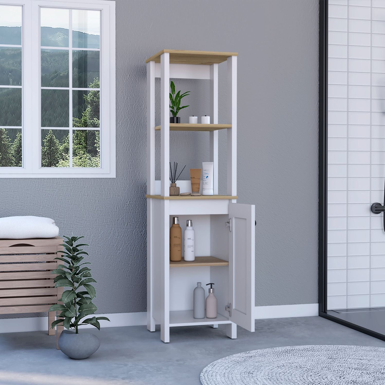 White Linen Single Door Cabinet with Open Shelves and Interior Storage