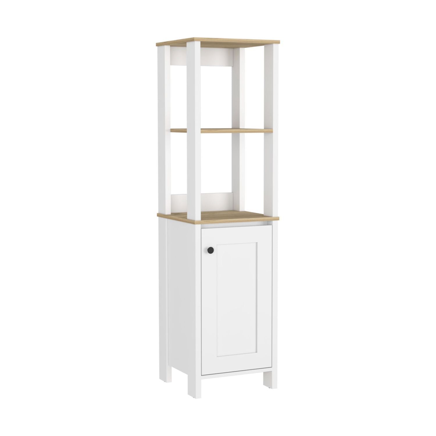 White Linen Single Door Cabinet with Open Shelves and Interior Storage