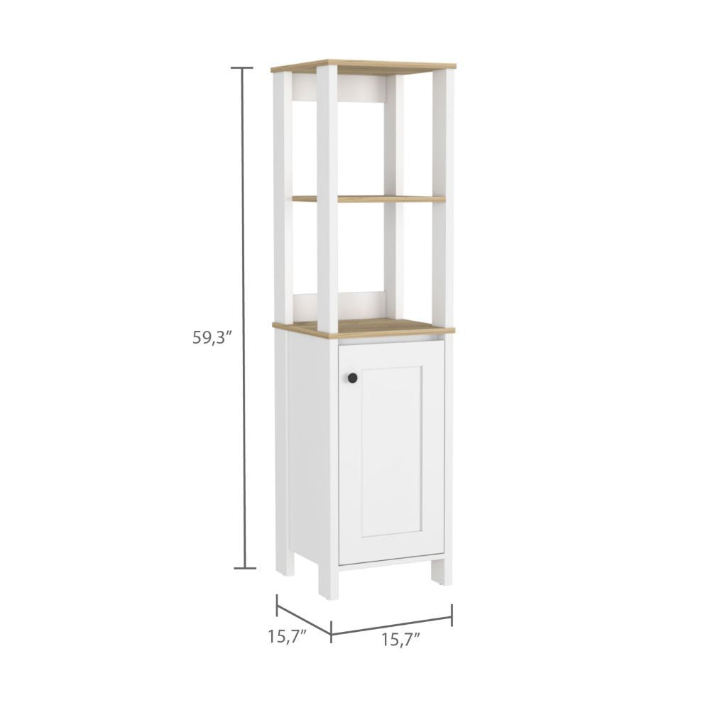 White Linen Single Door Cabinet with Open Shelves and Interior Storage