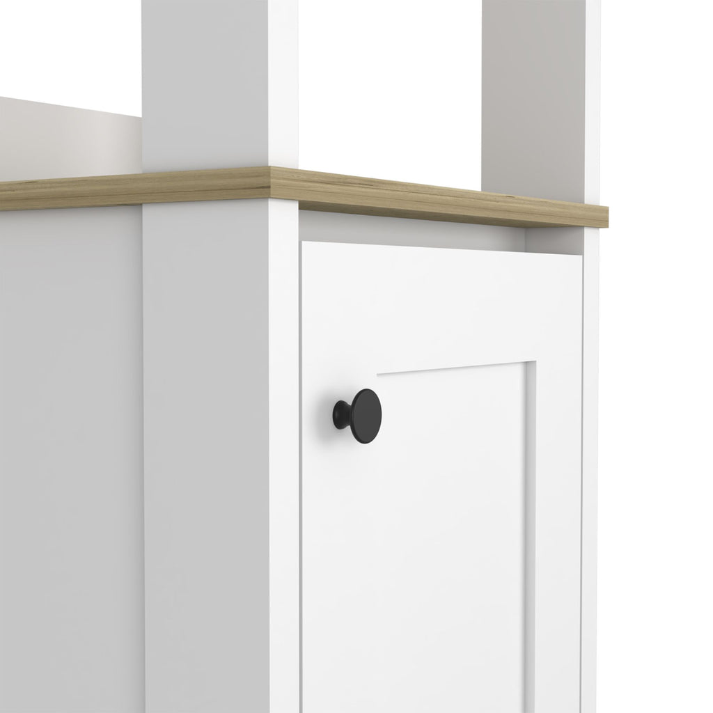 White Linen Single Door Cabinet with Open Shelves and Interior Storage