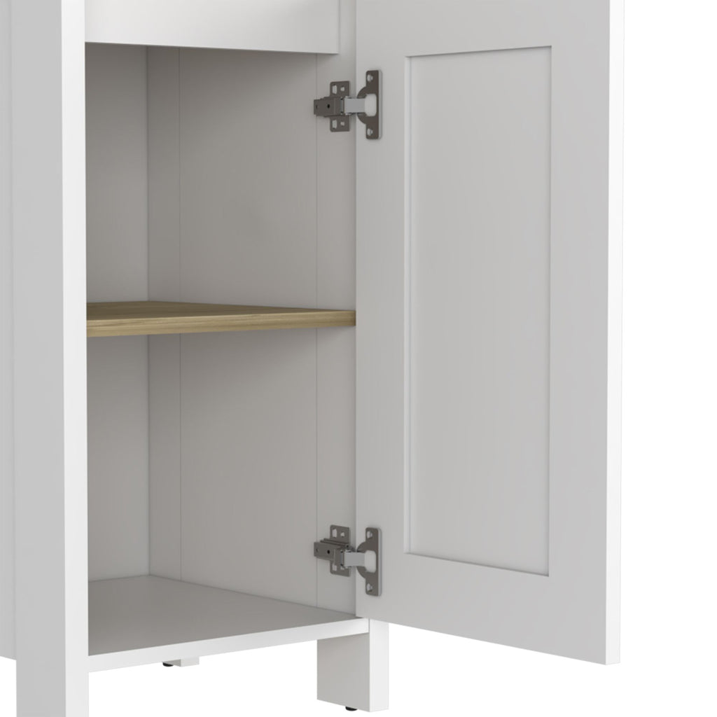 White Linen Single Door Cabinet with Open Shelves and Interior Storage