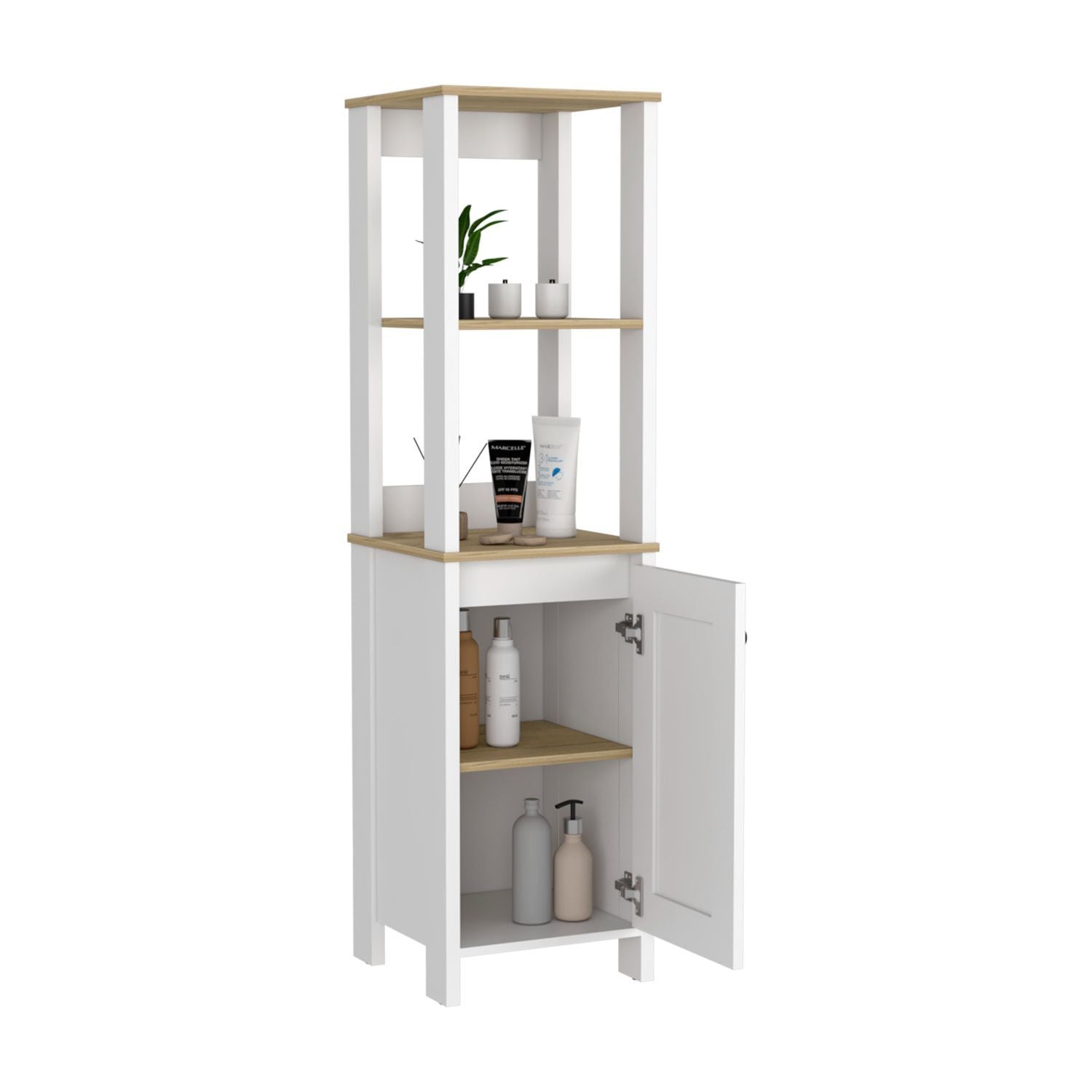 White Linen Single Door Cabinet with Open Shelves and Interior Storage