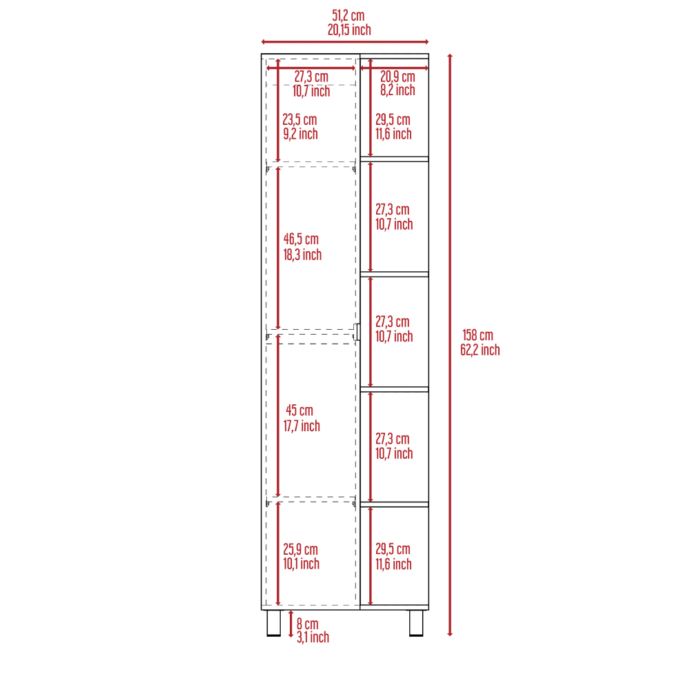 62" Tall Bathroom Cabinet with Mirrored Door and Adjustable Shelves
