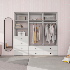 Freestanding White Wardrobe Closet with Spacious Shelves and Hanging Rods
