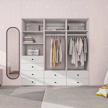Freestanding White Wardrobe Closet with Spacious Shelves and Hanging Rods