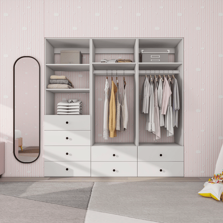 Freestanding White Wardrobe Closet with Spacious Shelves and Hanging Rods