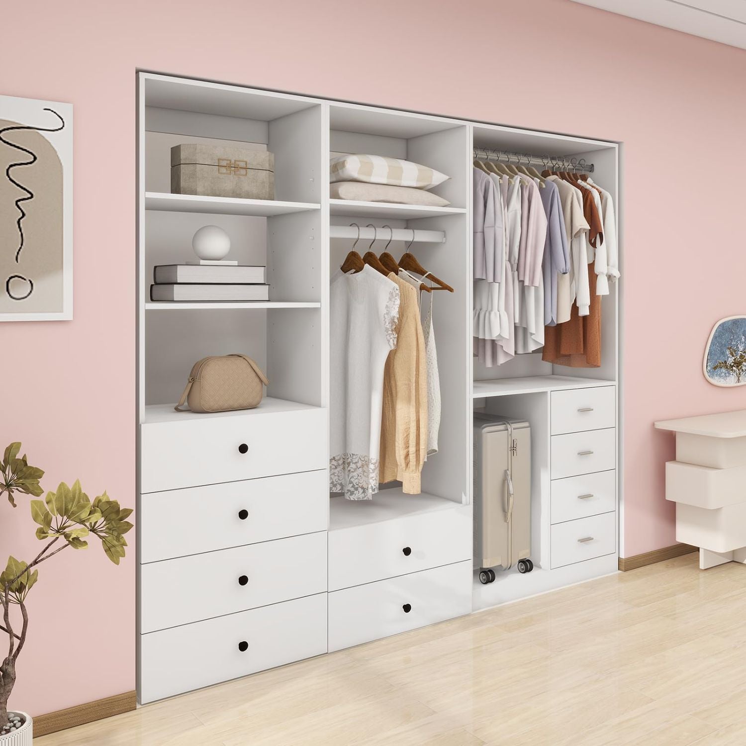 Freestanding White Wardrobe Closet with Spacious Shelves and Hanging Rods - A1+A2+304