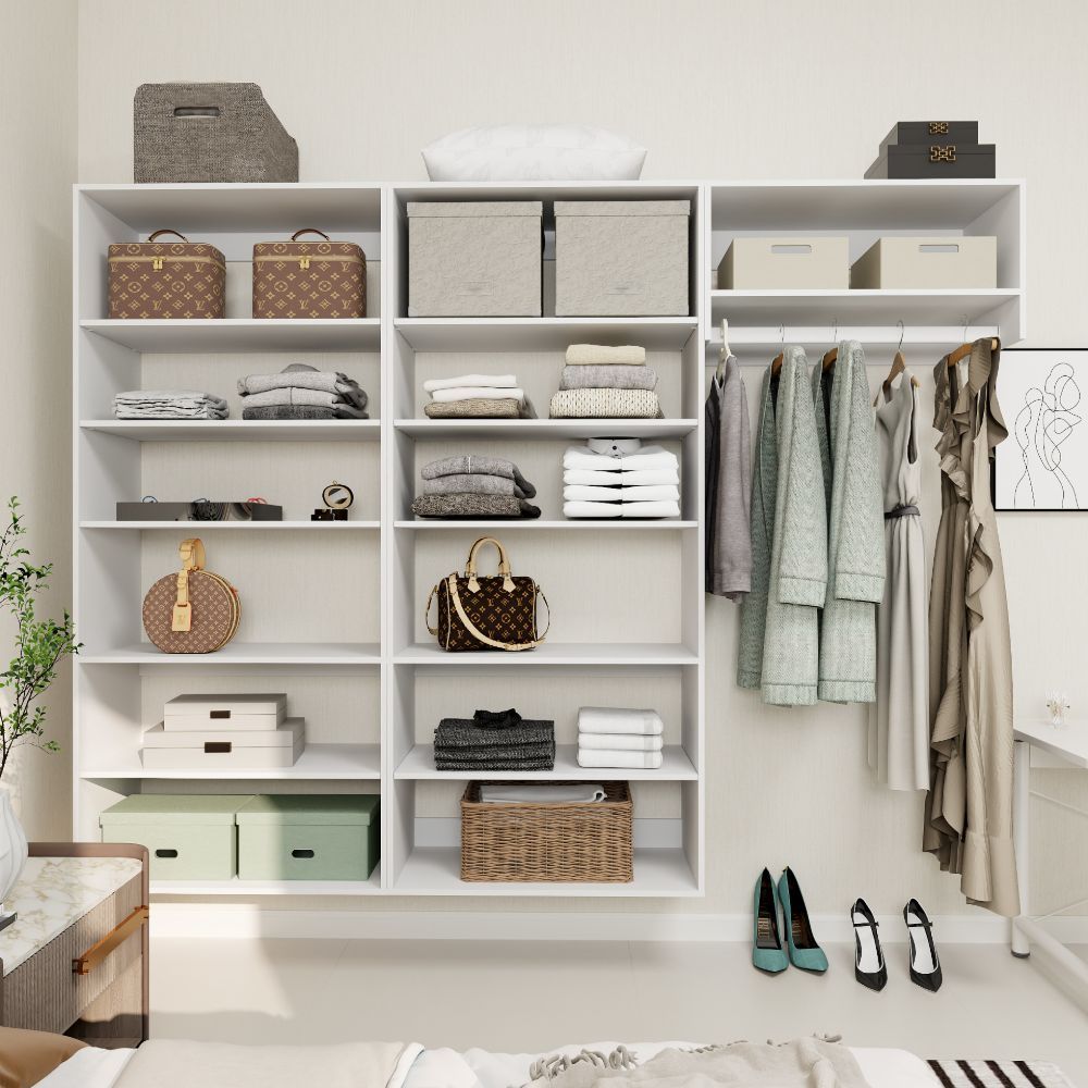 Freestanding White Wardrobe Closet with Spacious Shelves and Hanging Rods