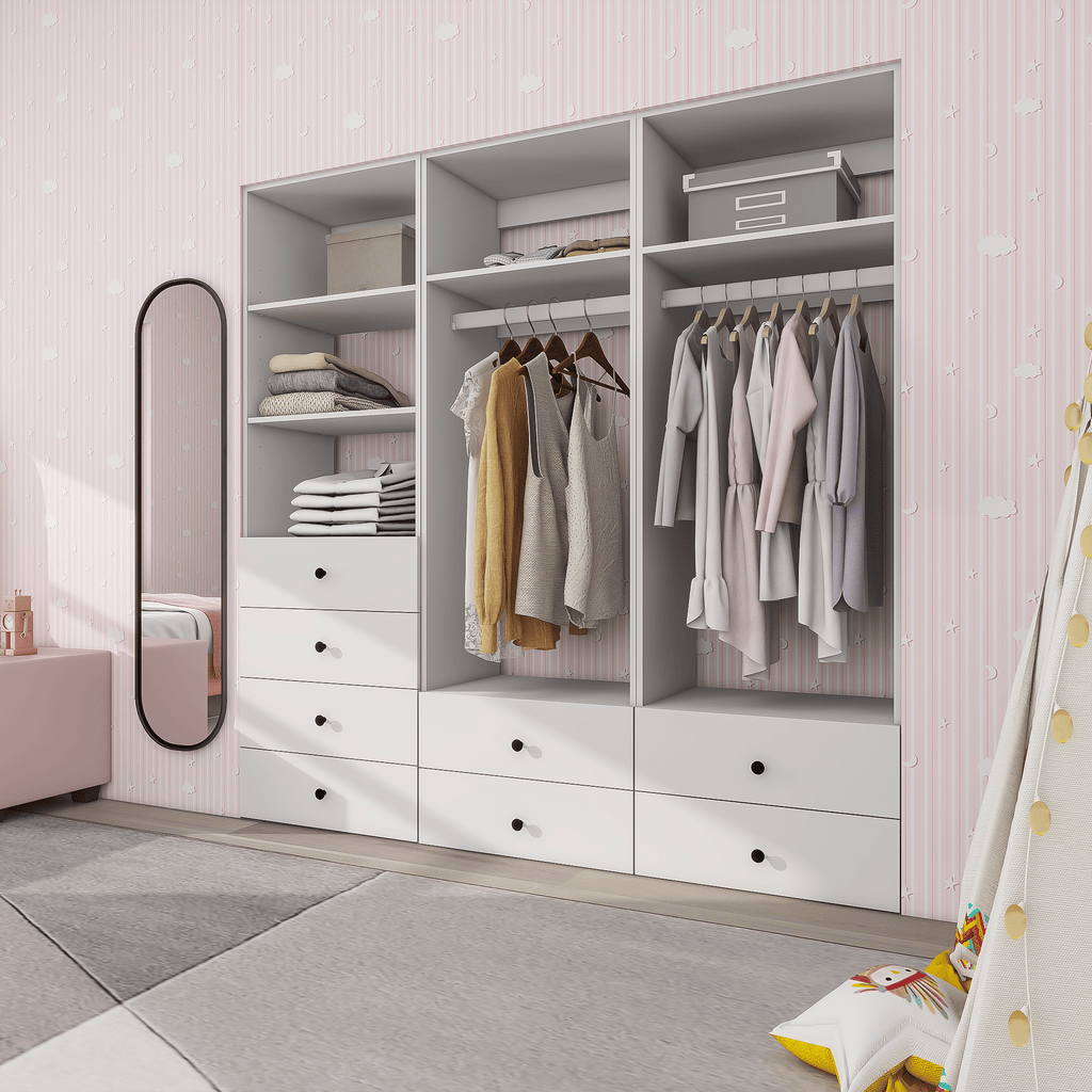 Freestanding White Wardrobe Closet with Spacious Shelves and Hanging Rods