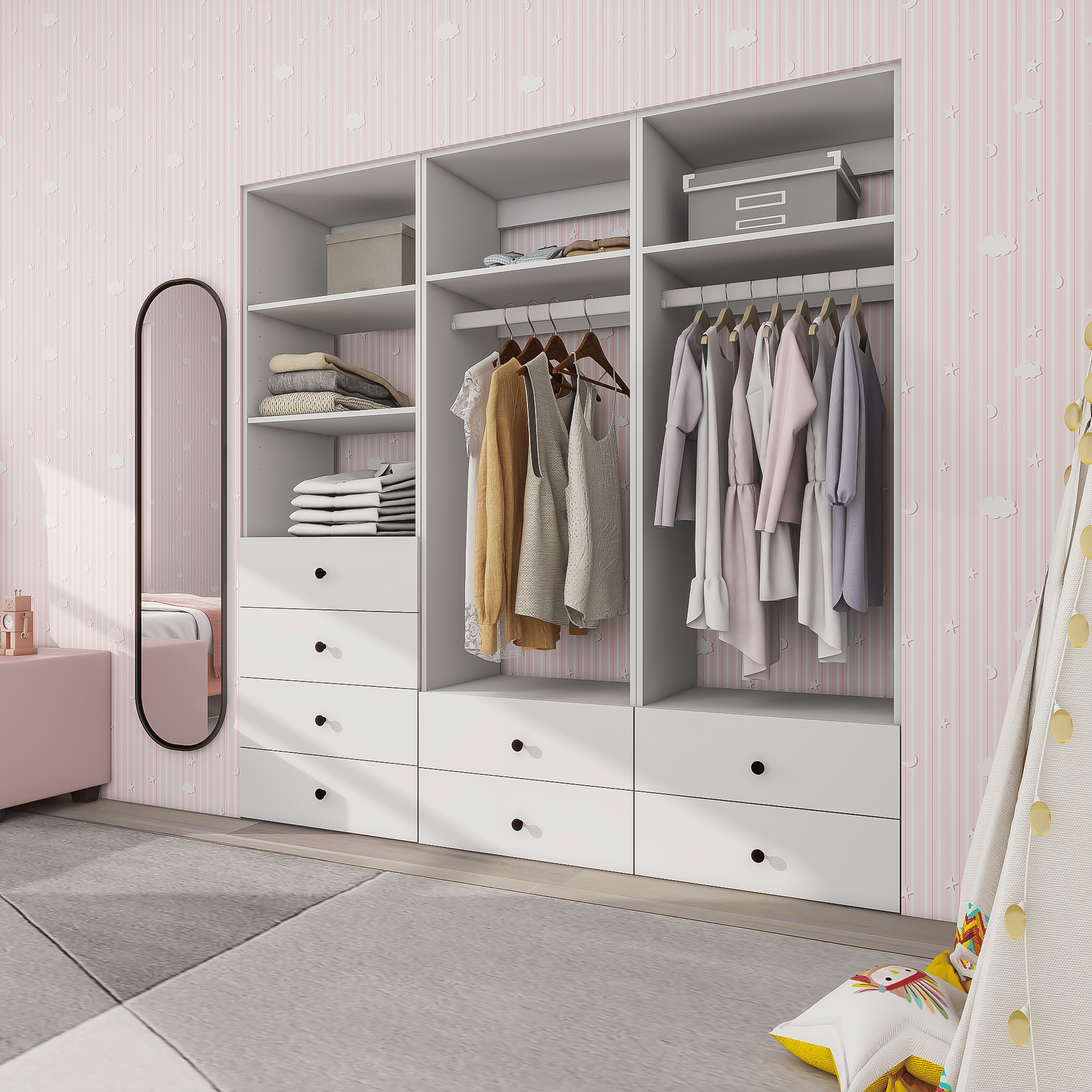 Freestanding White Wardrobe Closet with Spacious Shelves and Hanging Rods