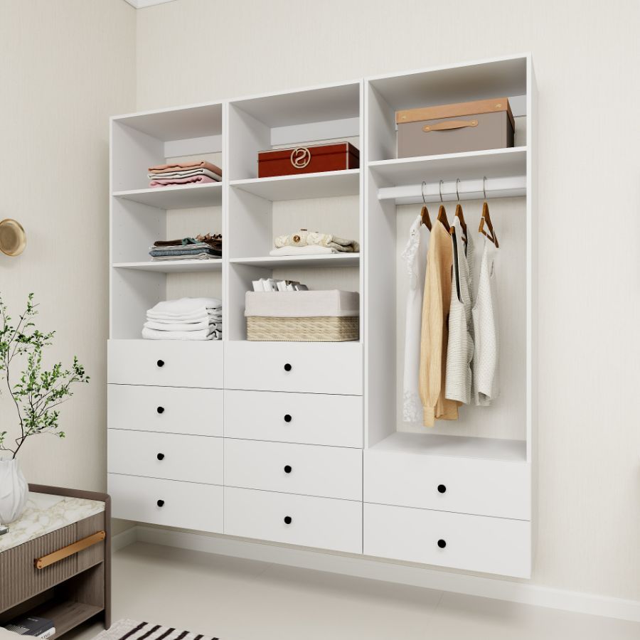 Freestanding White Wardrobe Closet with Spacious Shelves and Hanging Rods