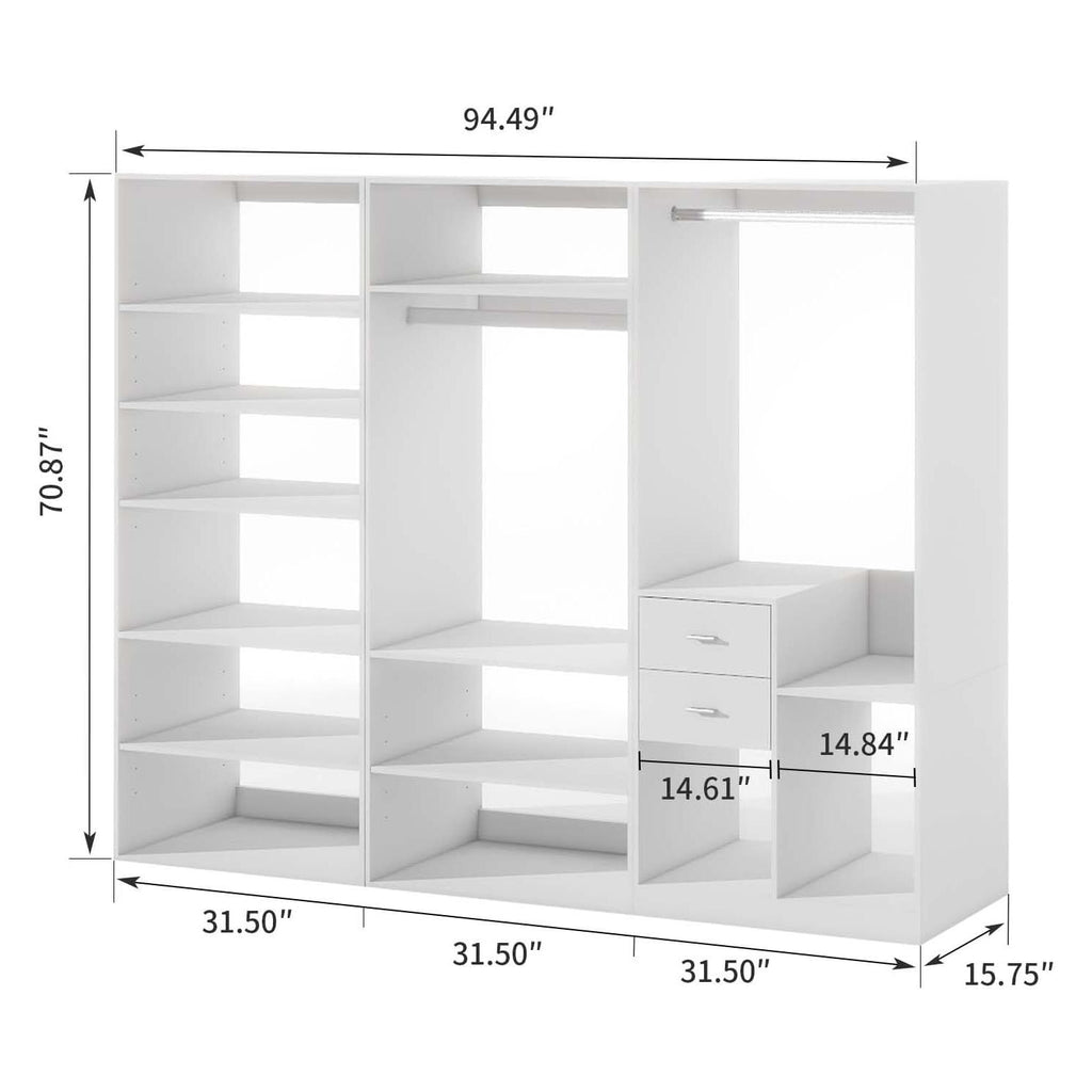 Freestanding White Wardrobe Closet with Spacious Shelves and Hanging Rods