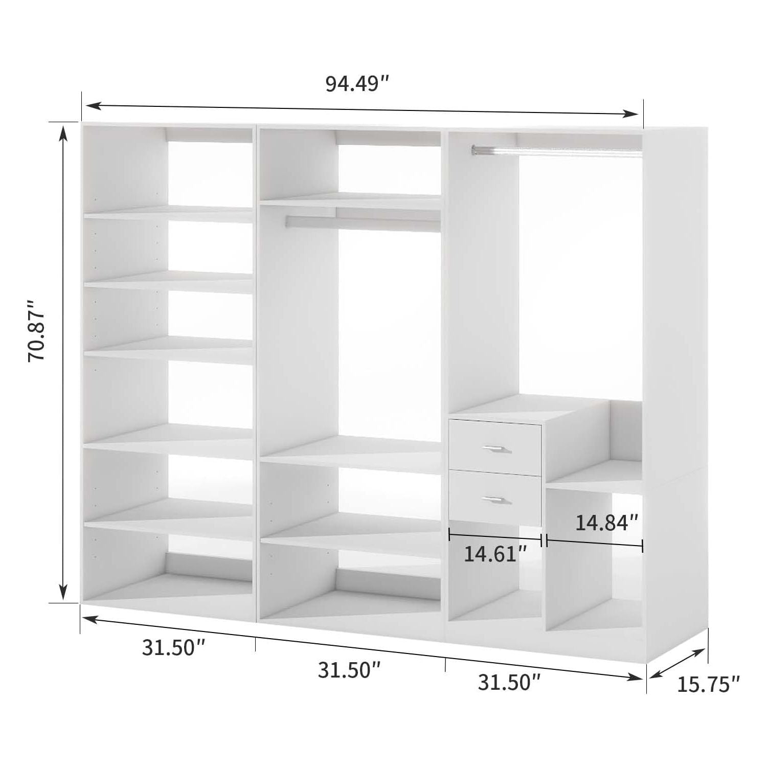 Freestanding White Wardrobe Closet with Spacious Shelves and Hanging Rods