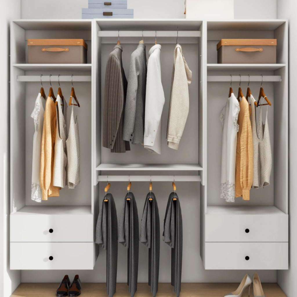Freestanding White Wardrobe Closet with Spacious Shelves and Hanging Rods