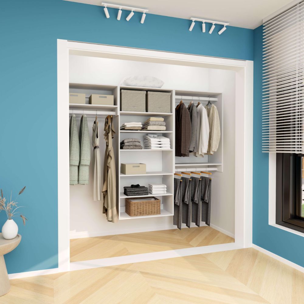 Freestanding White Wardrobe Closet with Spacious Shelves and Hanging Rods