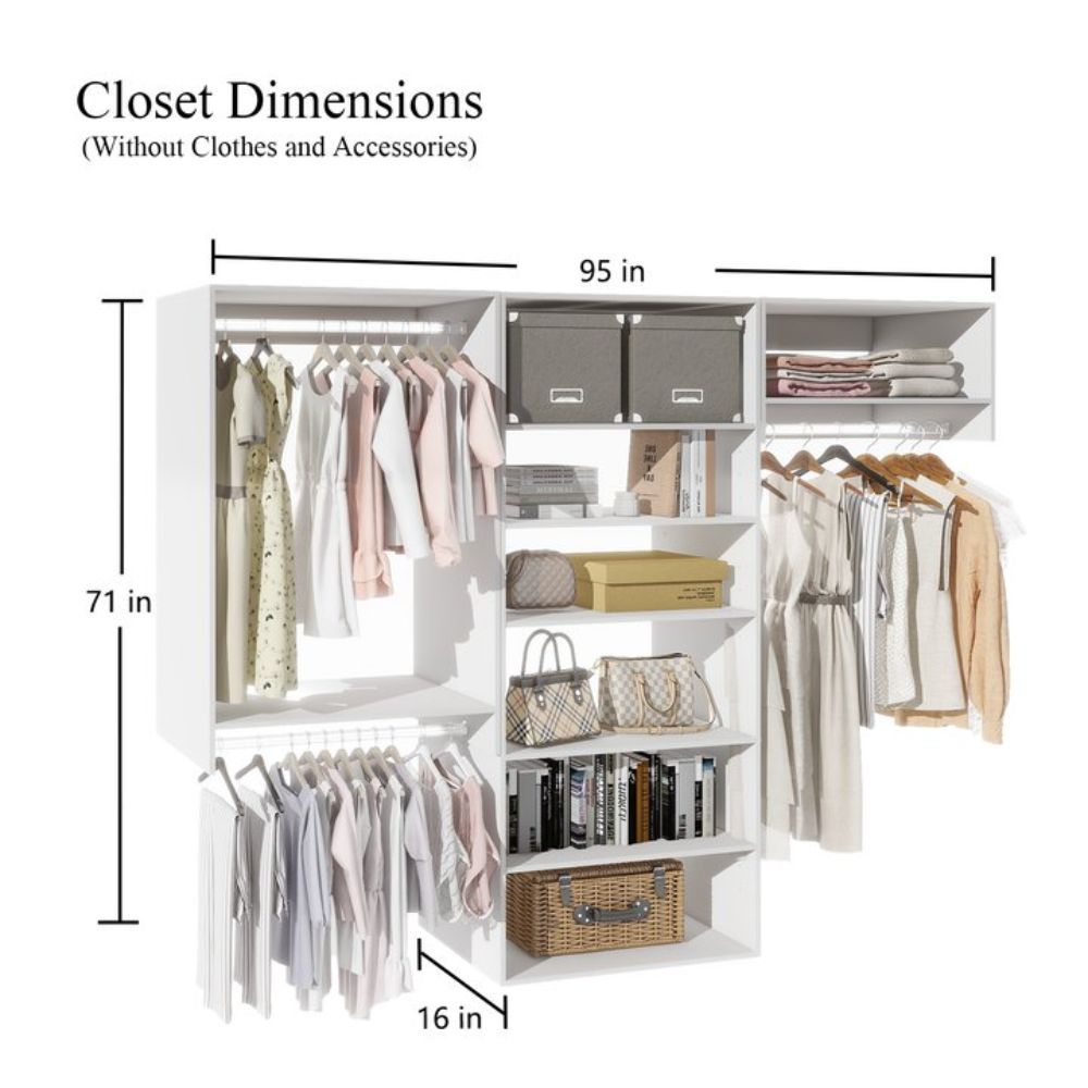 Freestanding White Wardrobe Closet with Spacious Shelves and Hanging Rods