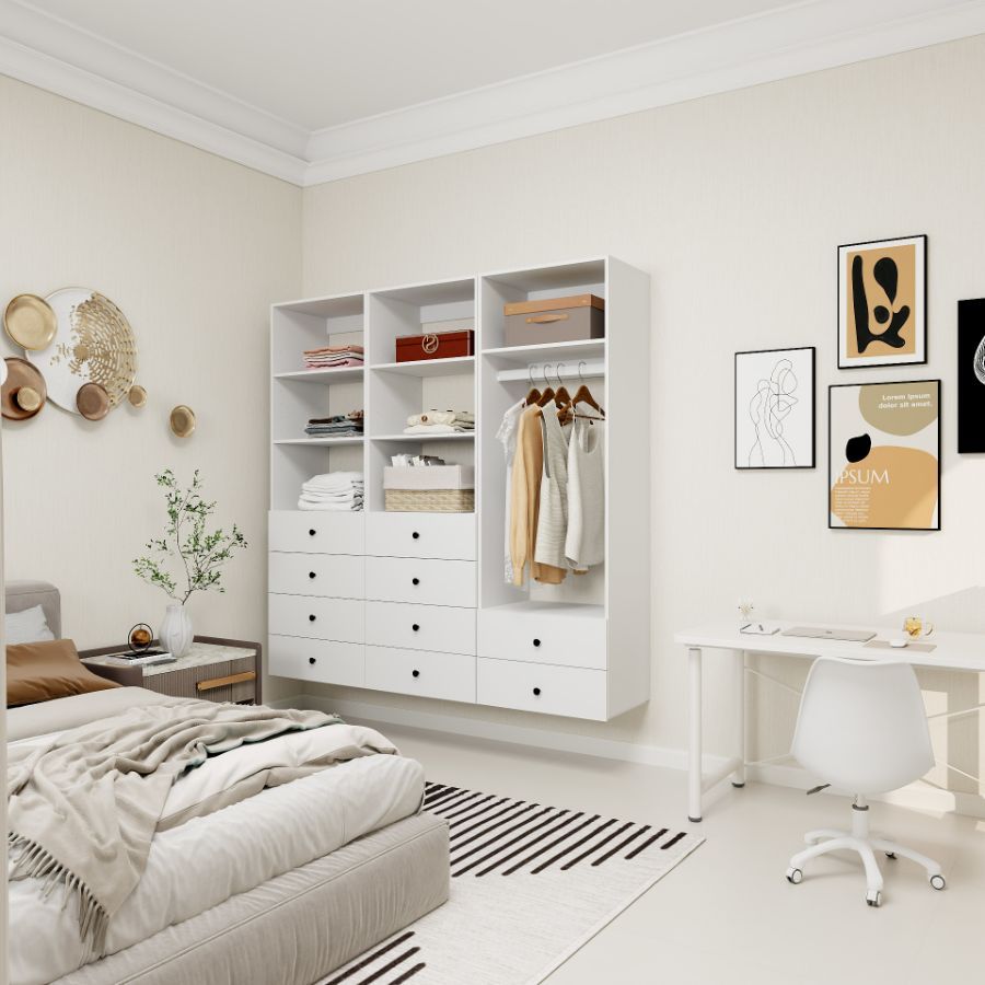 Freestanding White Wardrobe Closet with Spacious Shelves and Hanging Rods