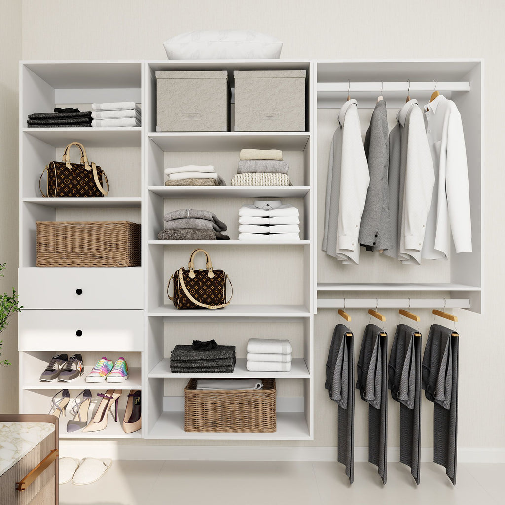 Freestanding White Wardrobe Closet with Spacious Shelves and Hanging Rods