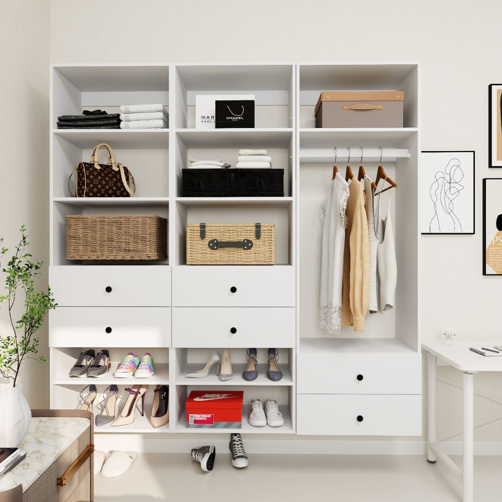 Freestanding White Wardrobe Closet with Spacious Shelves and Hanging Rods - A3A3A2