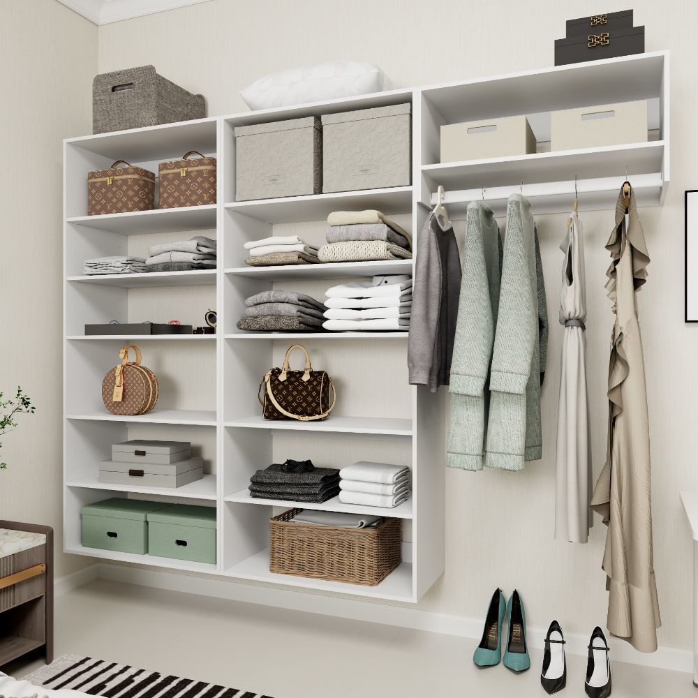 Freestanding White Wardrobe Closet with Spacious Shelves and Hanging Rods