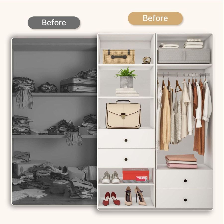 Freestanding White Wardrobe Closet with Spacious Shelves and Hanging Rods