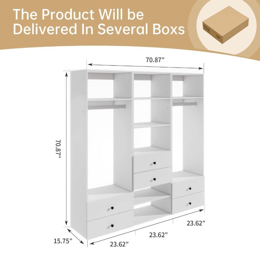 Freestanding White Wardrobe Closet with Spacious Shelves and Hanging Rods