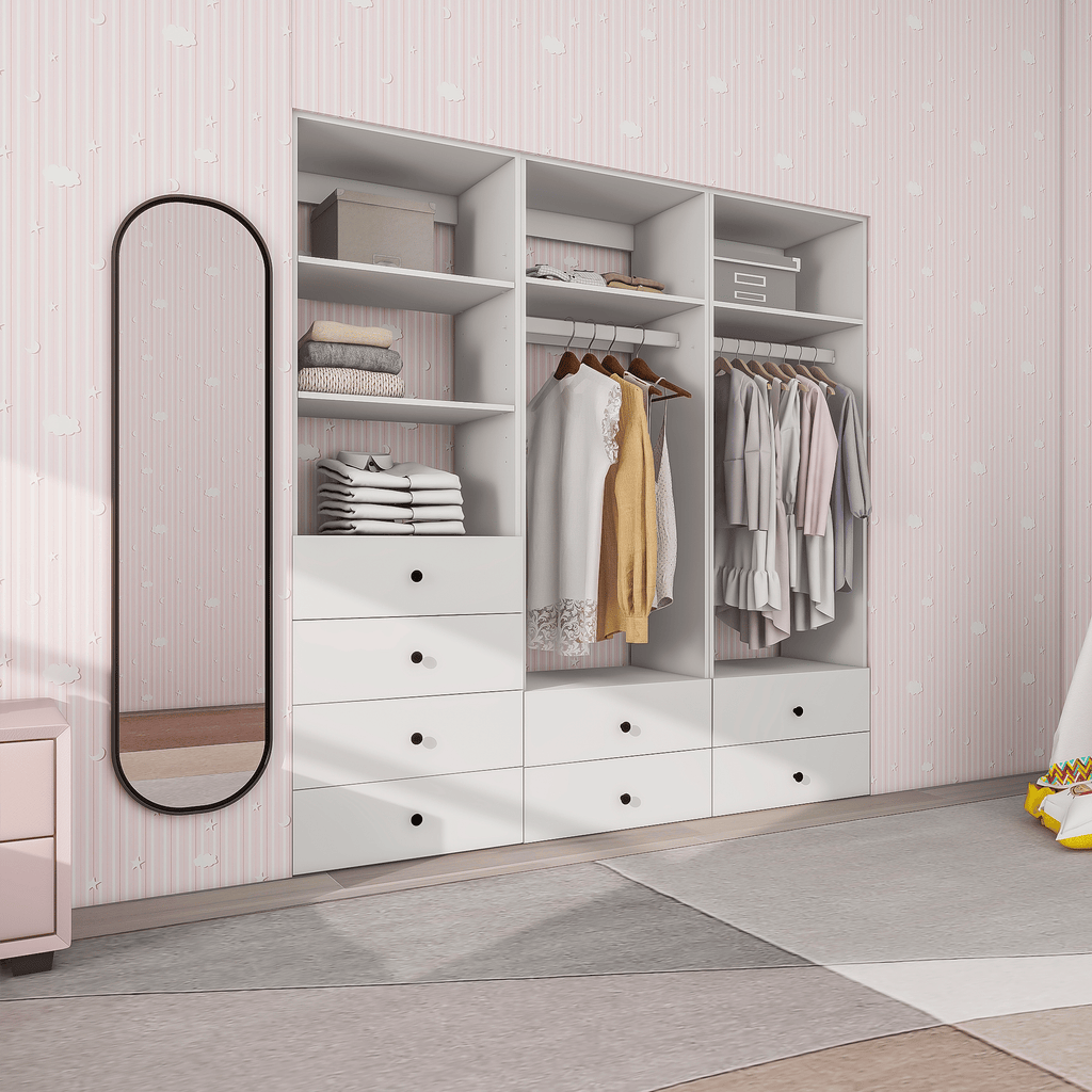 Freestanding White Wardrobe Closet with Spacious Shelves and Hanging Rods