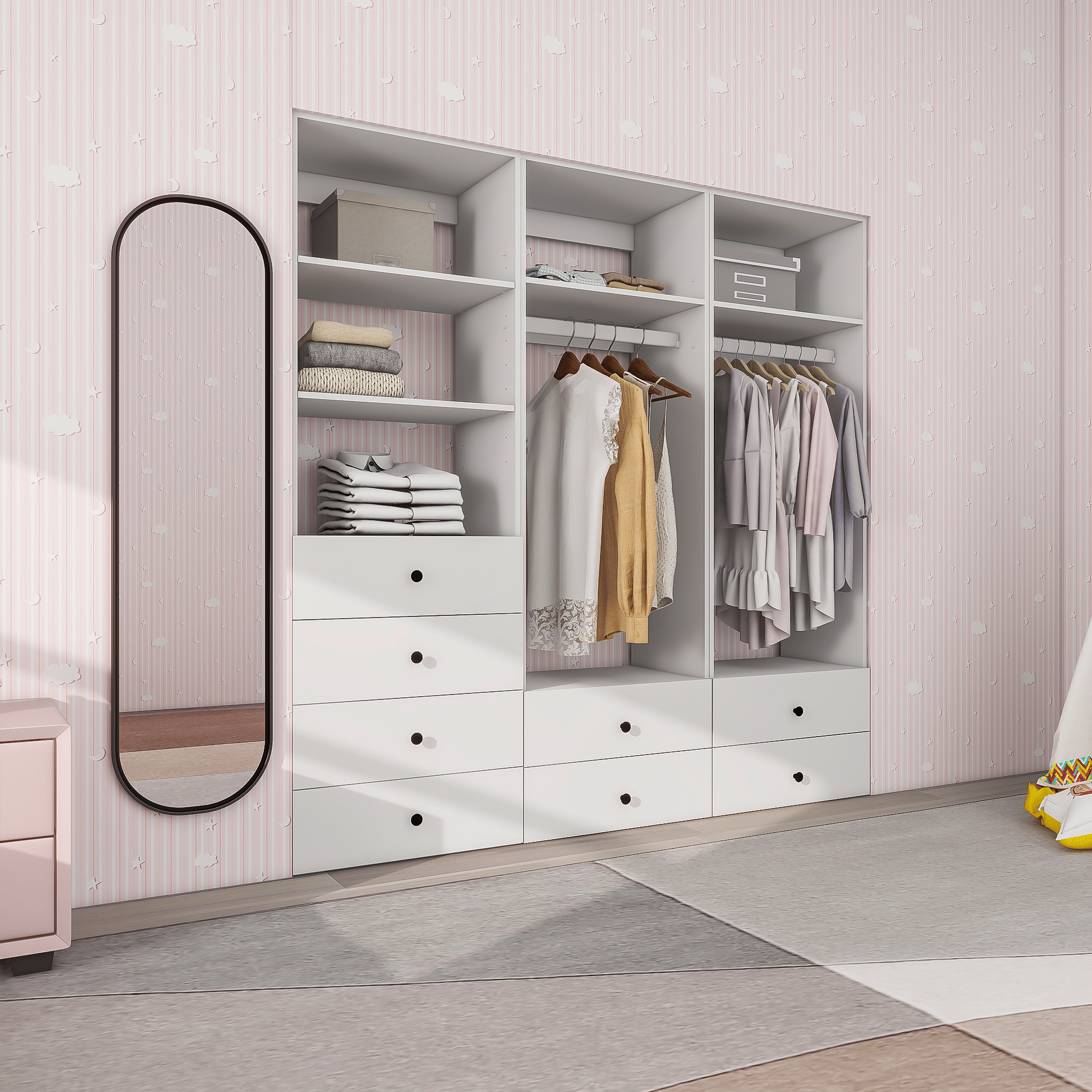 Freestanding White Wardrobe Closet with Spacious Shelves and Hanging Rods