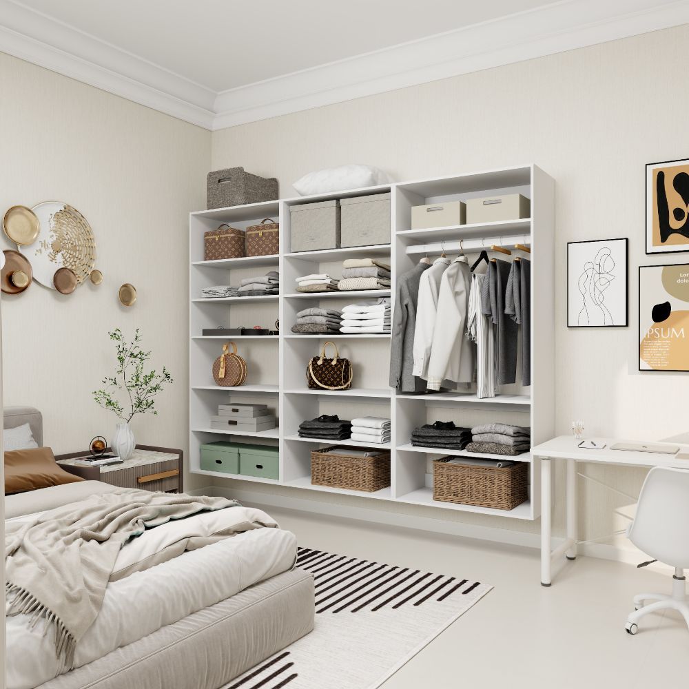 Freestanding White Wardrobe Closet with Spacious Shelves and Hanging Rods