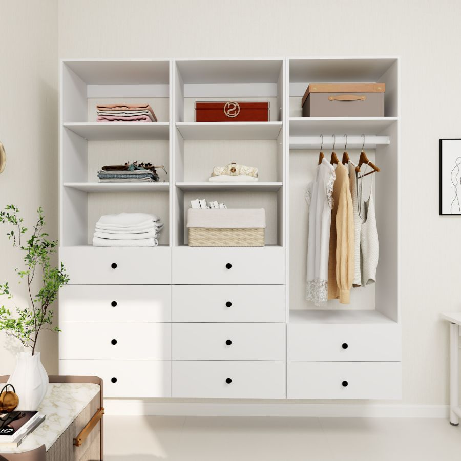 Freestanding White Wardrobe Closet with Spacious Shelves and Hanging Rods - A1A1A2