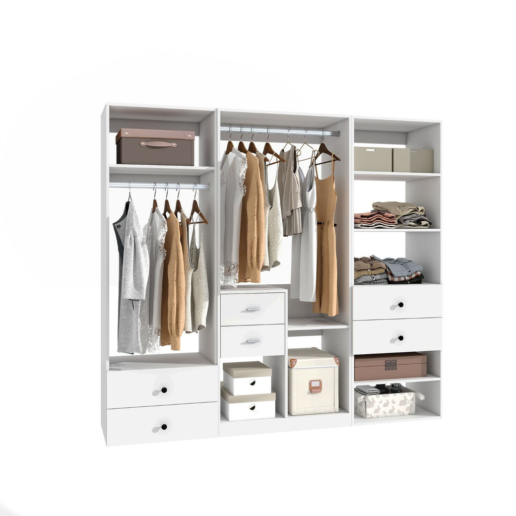 Freestanding White Wardrobe Closet with Spacious Shelves and Hanging Rods