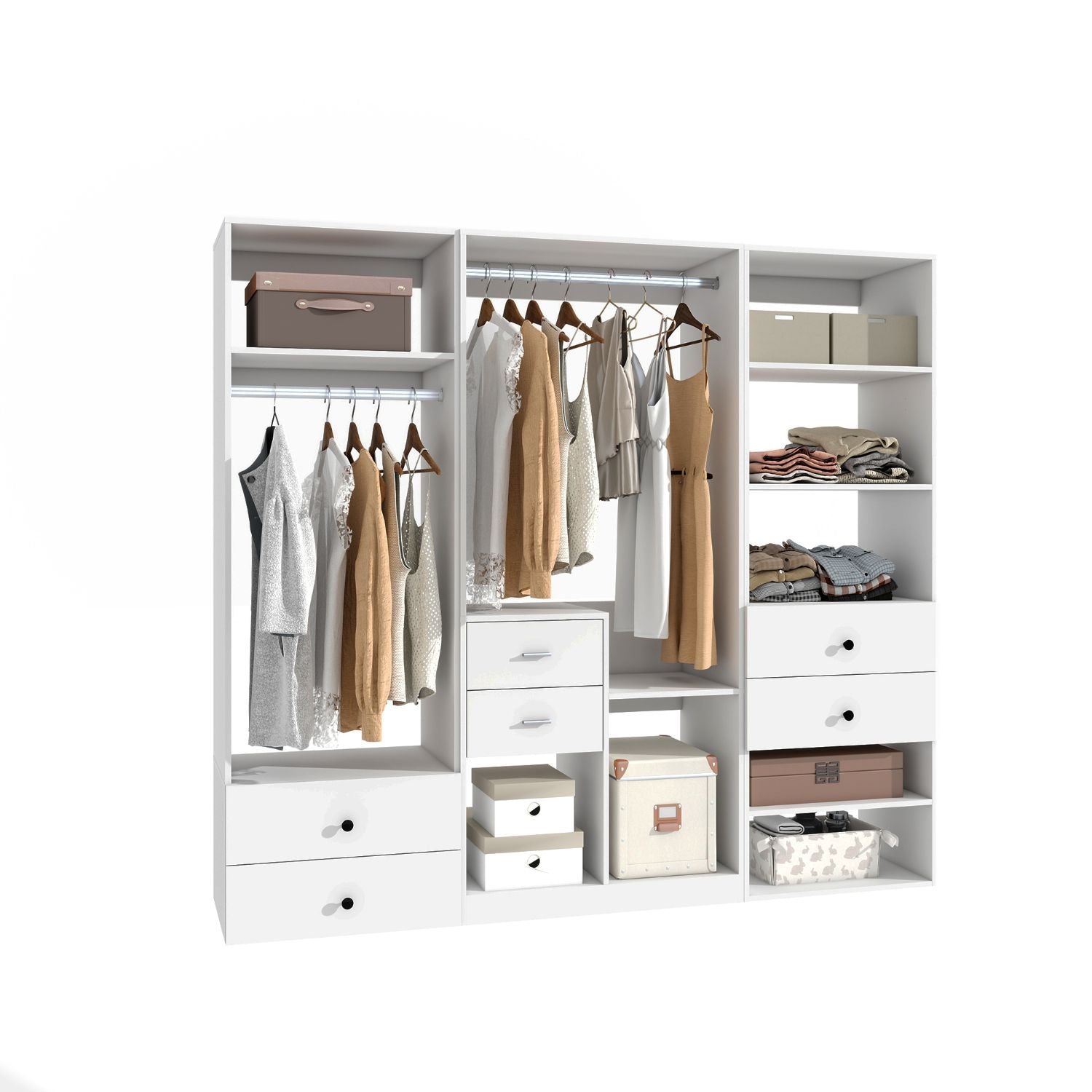 Freestanding White Wardrobe Closet with Spacious Shelves and Hanging Rods