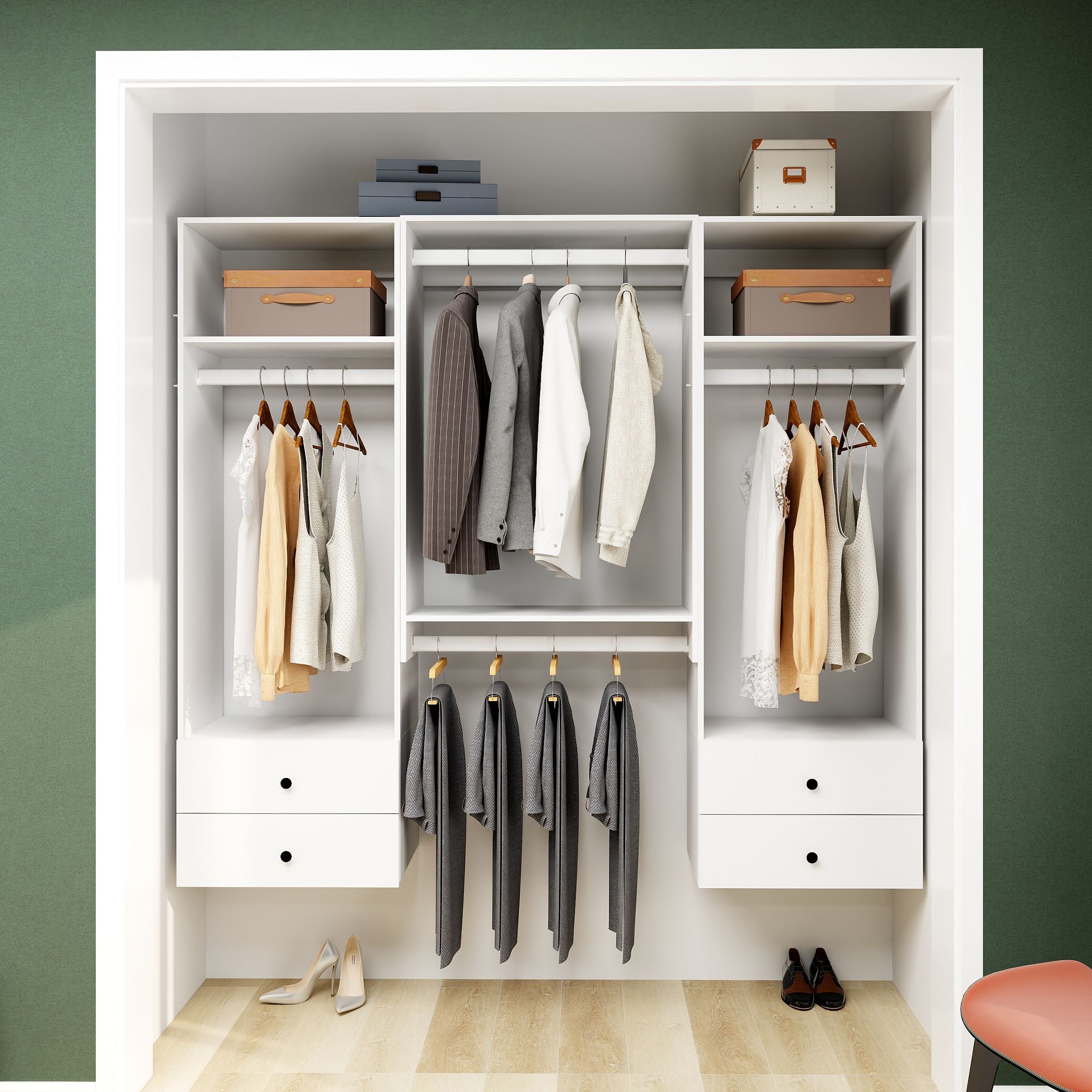 Freestanding White Wardrobe Closet with Spacious Shelves and Hanging Rods